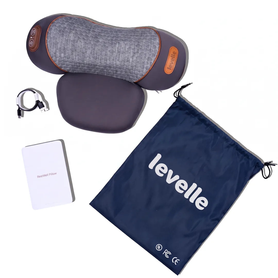 Everything in the RestWell box: the pillow, USB-C cable, manual and drawstring bag